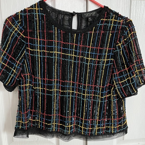 Topshop Tops - Topshop Beaded & Sequin Gingham Pattern Top